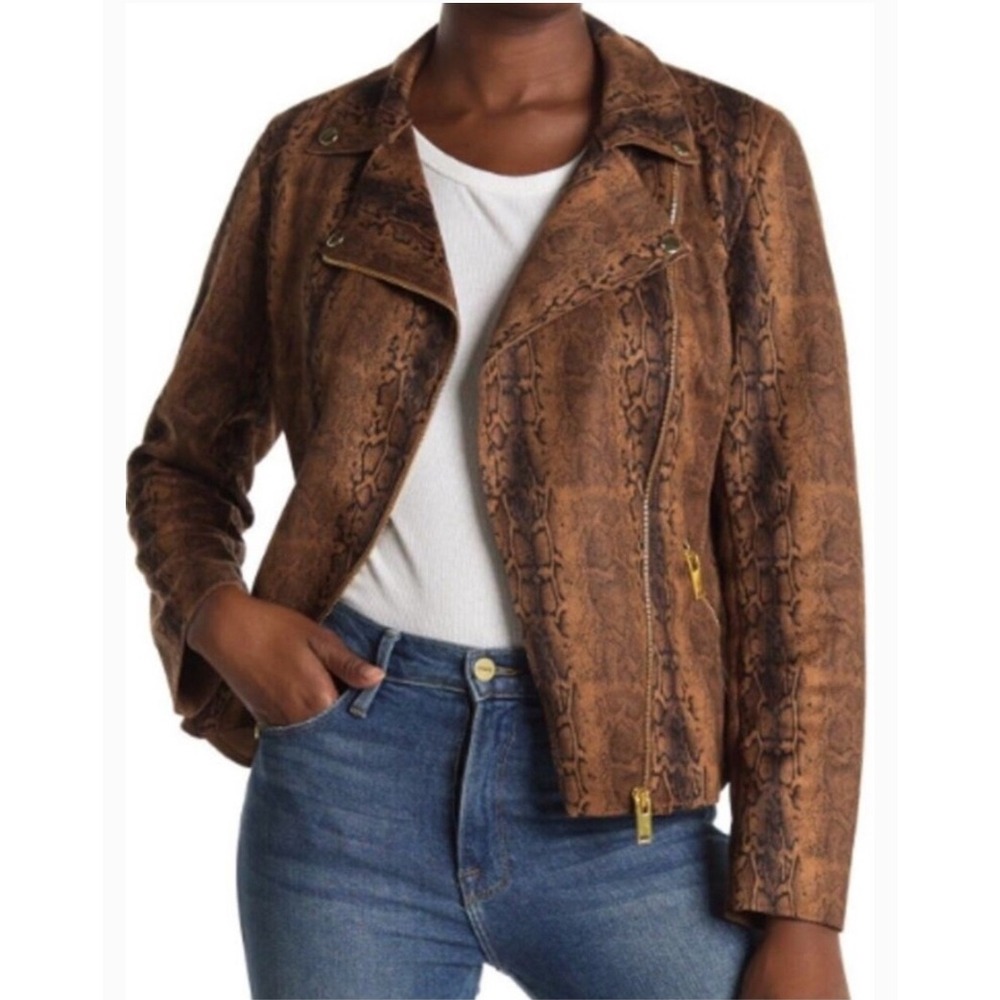 Philosophy Republic Brown Snakeskin Faux Leather Moto Jacket Womens XL Gold Zip